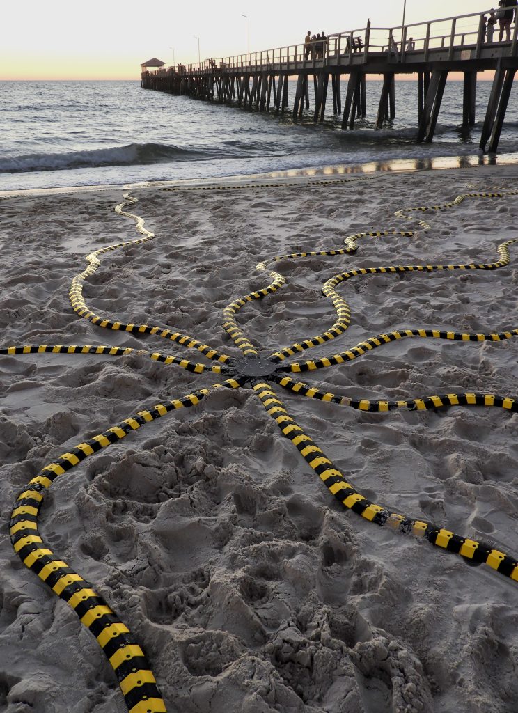 The sculpture "Is it safe?" is installed on Henley Beach, South Australia